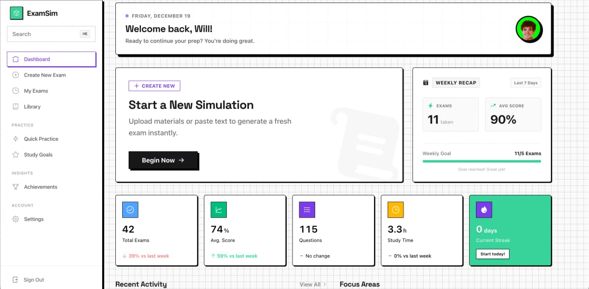 ExamSim Dashboard Preview