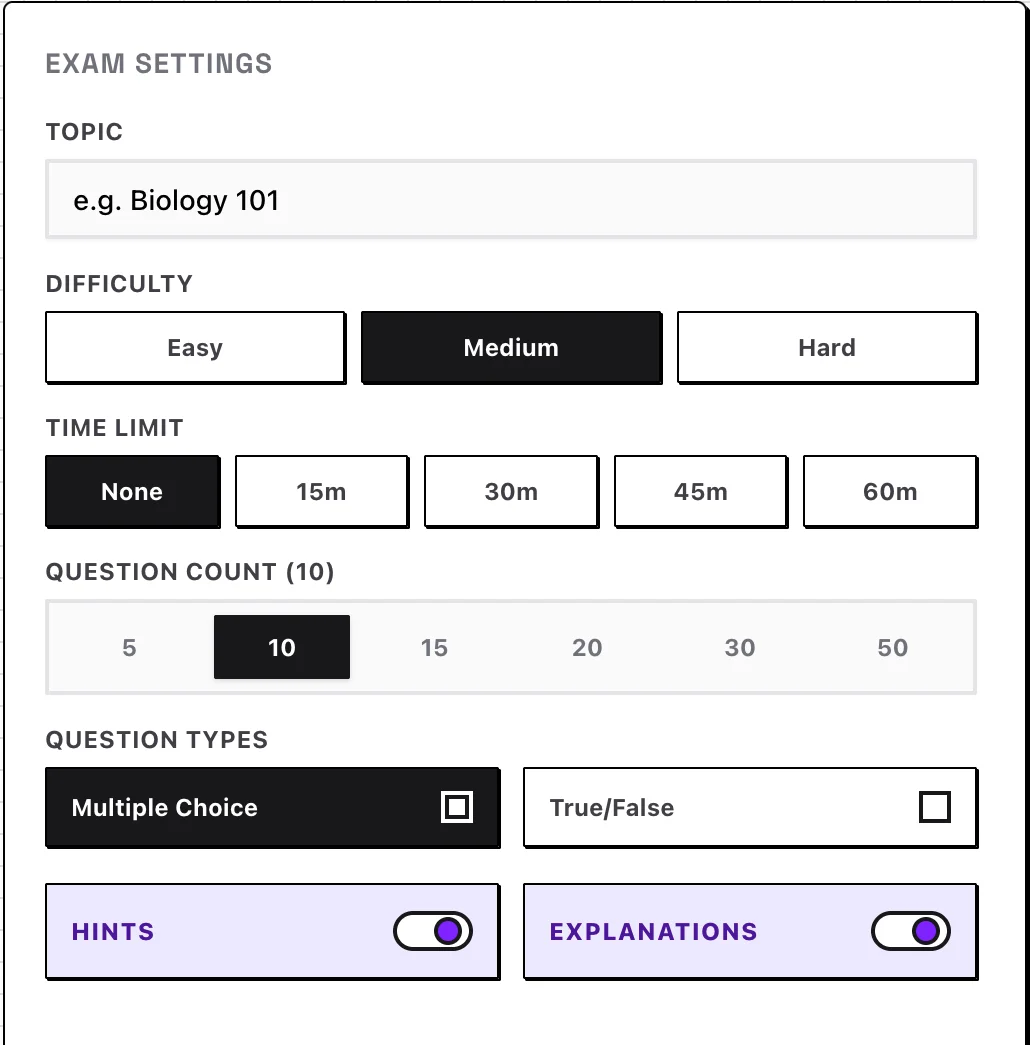 Exam Settings Preview